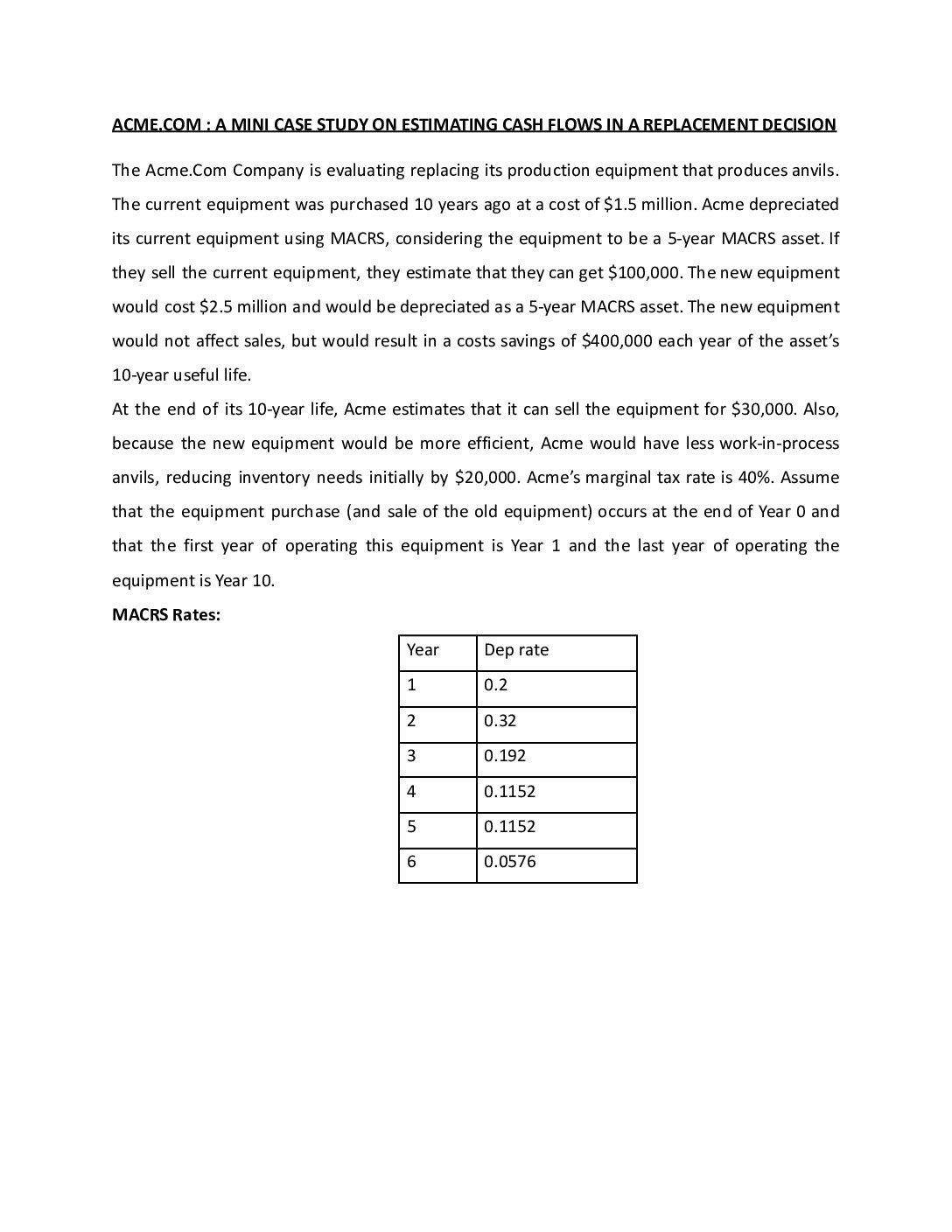 ACME Equipment Replacement Decision: Cash Flow Analysis Case Study