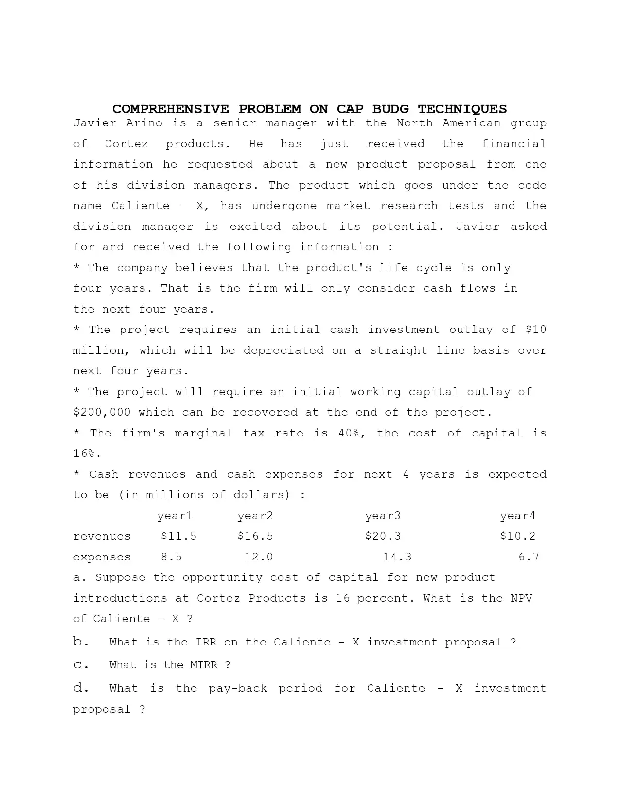 Comprehensive CAPEX Problem Set