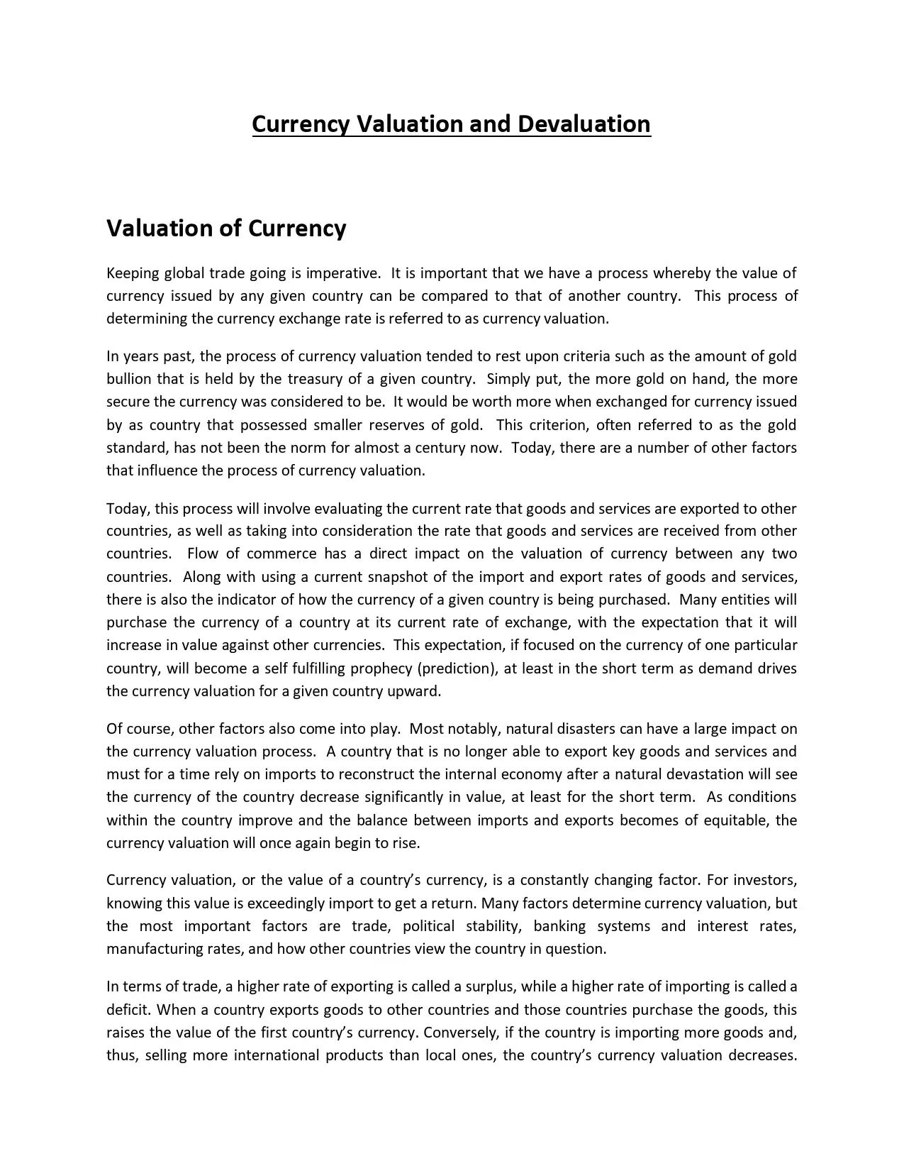 Currency Valuation and Devaluation