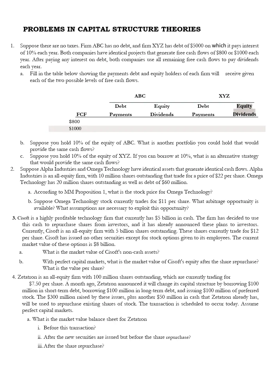 MM Propositions and Capital Structure Decision Problems