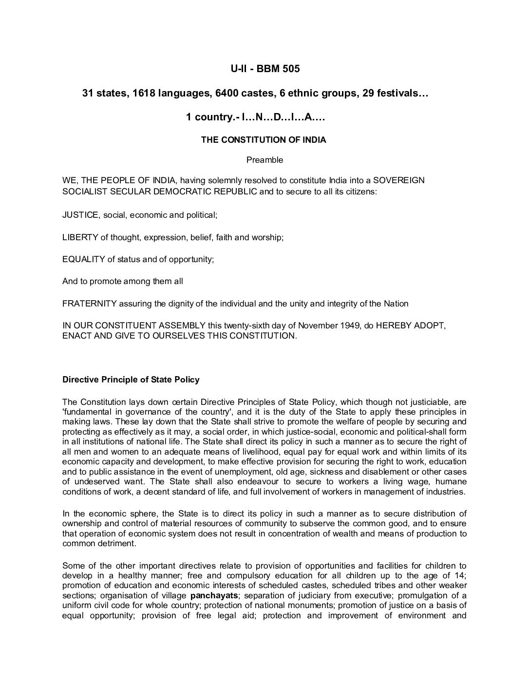 Indian Constitution and Economic Principles