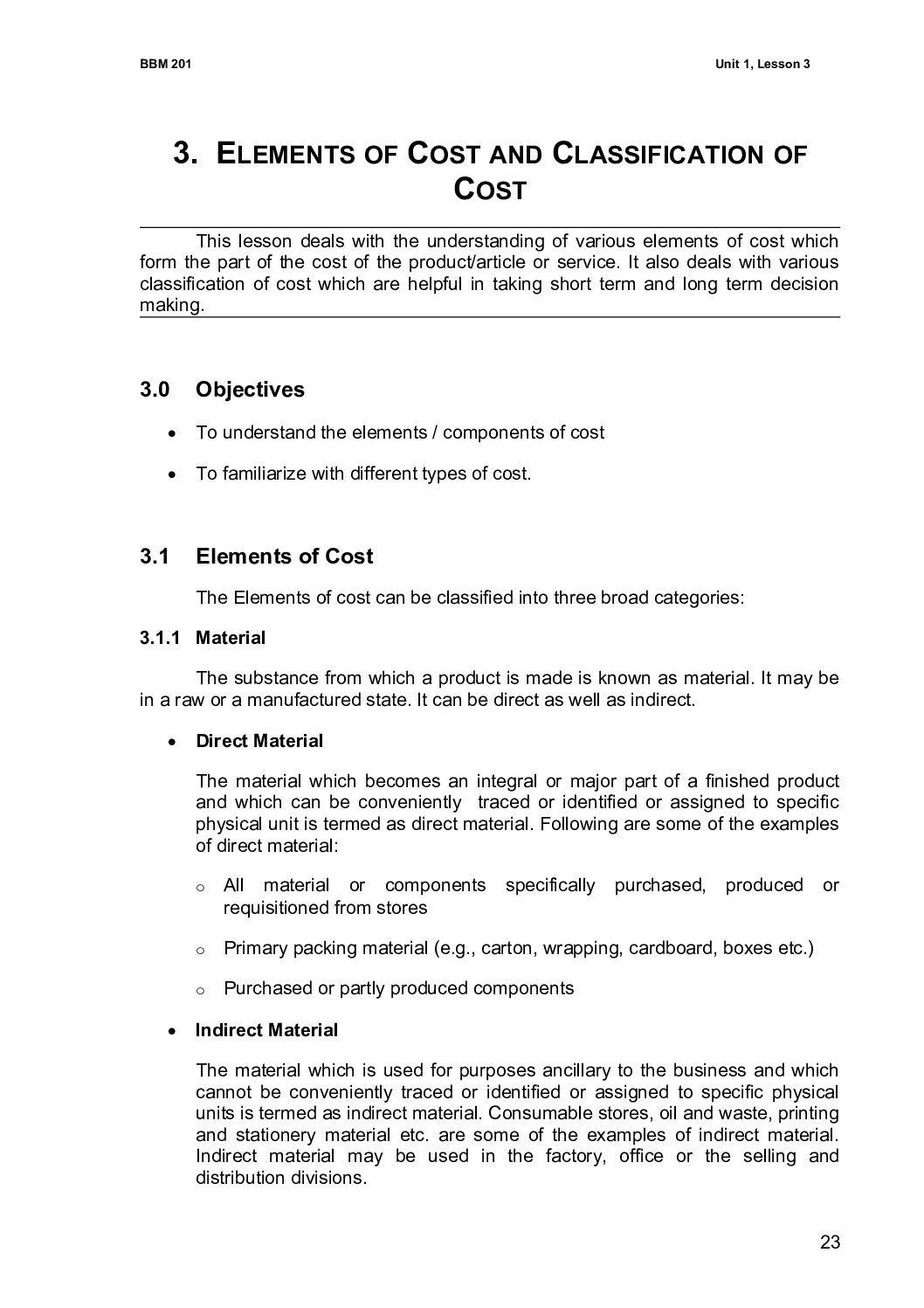 Elements of Cost and Classification