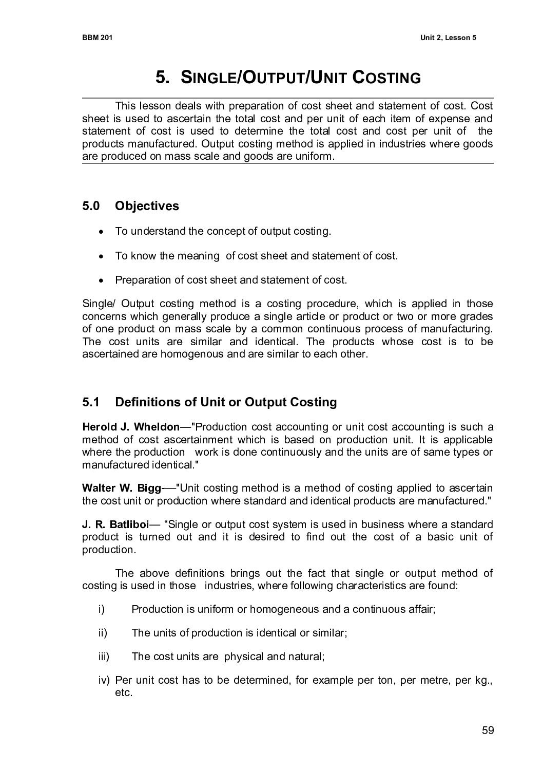 Single/Output/Unit Costing