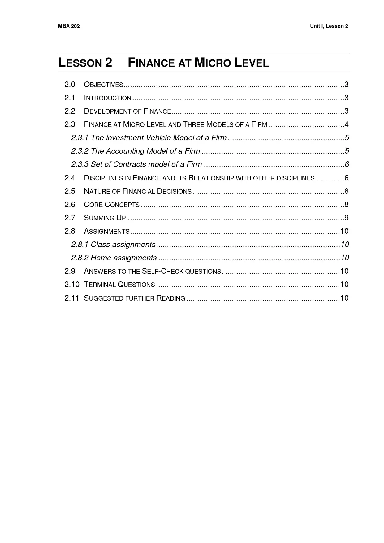 Finance at Micro Level and Firm Models
