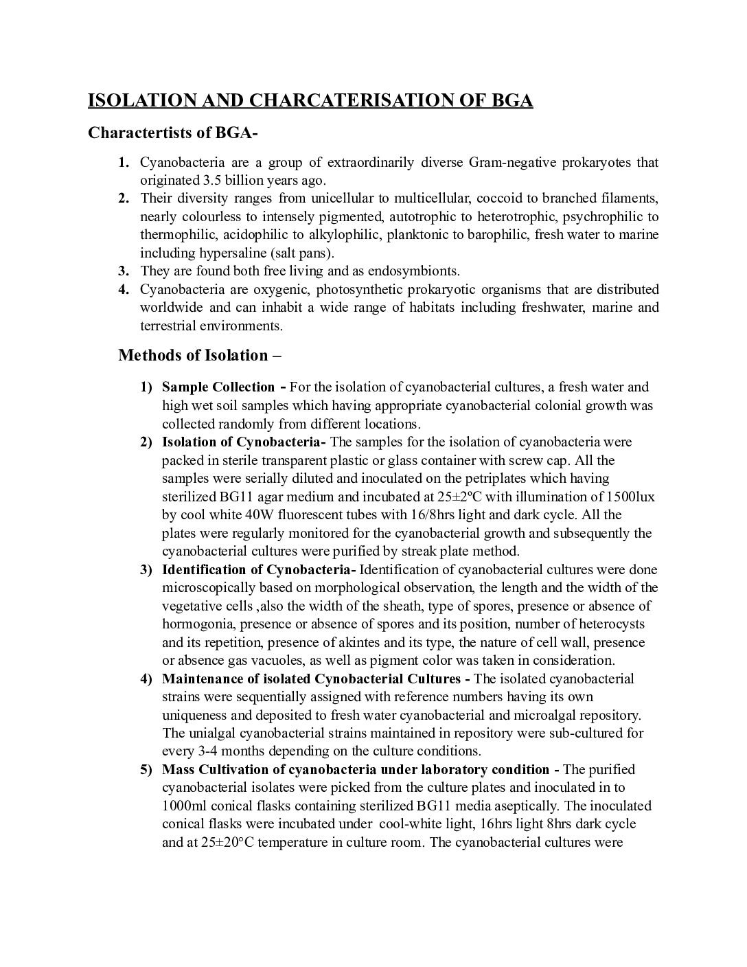 Isolation, Characterization, and Mass Production of Blue-Green Algae (Cyanobacteria)
