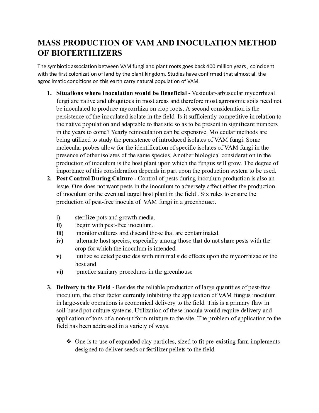 Mass Production of VAM (Vesicular Arbuscular Mycorrhiza) and Inoculation Methods