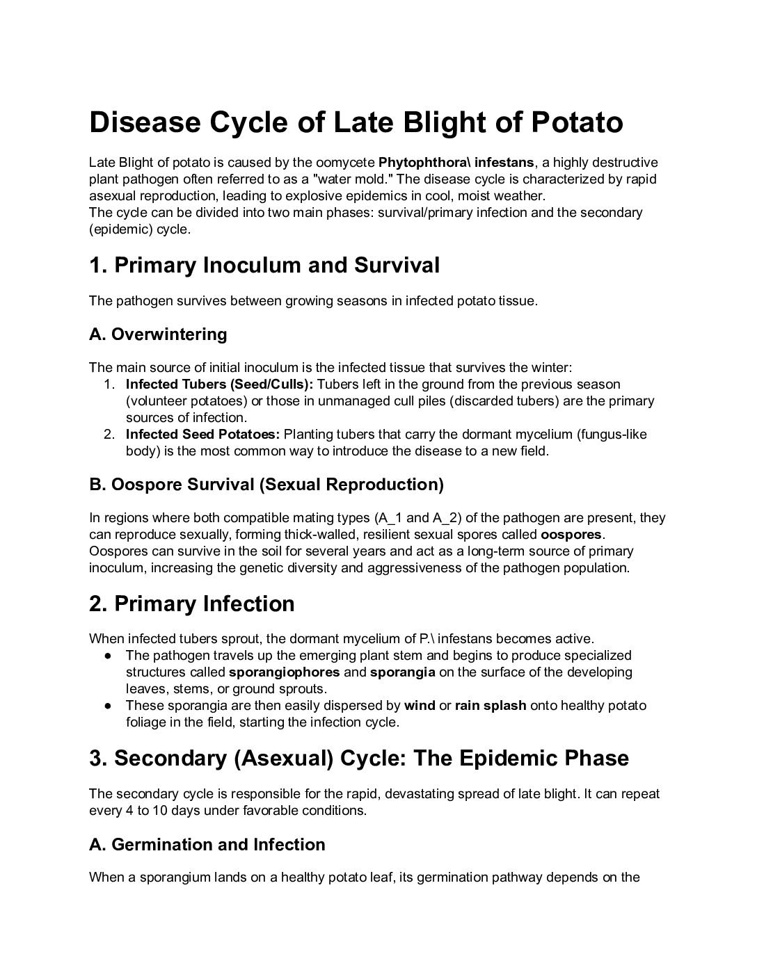 Disease Cycle of Late Blight of Potato (Phytophthora infestans)