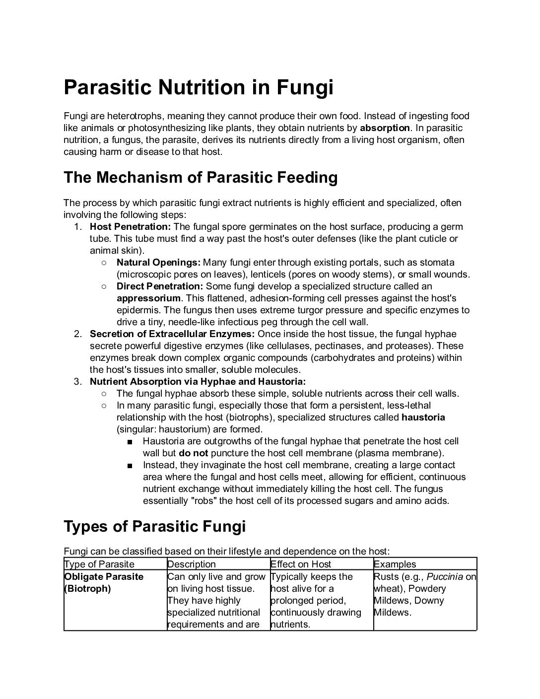 Parasitic Nutrition in Fungi – Mechanism, Types, and Examples