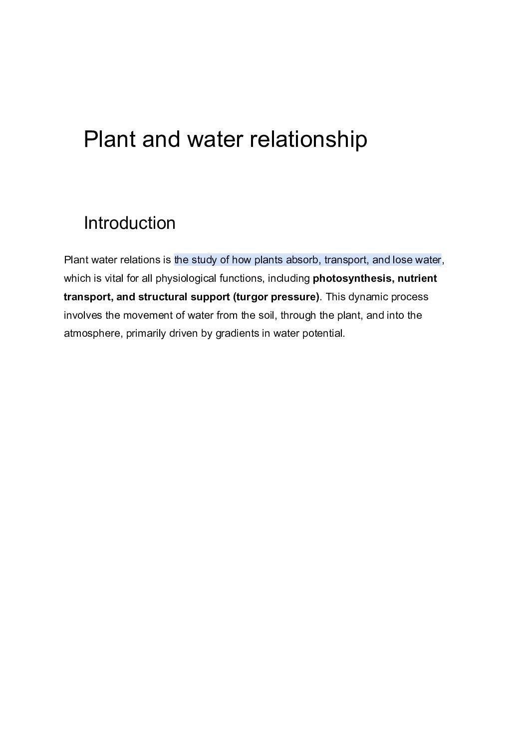 Plant Water Relations and Mechanisms of Water Movement
