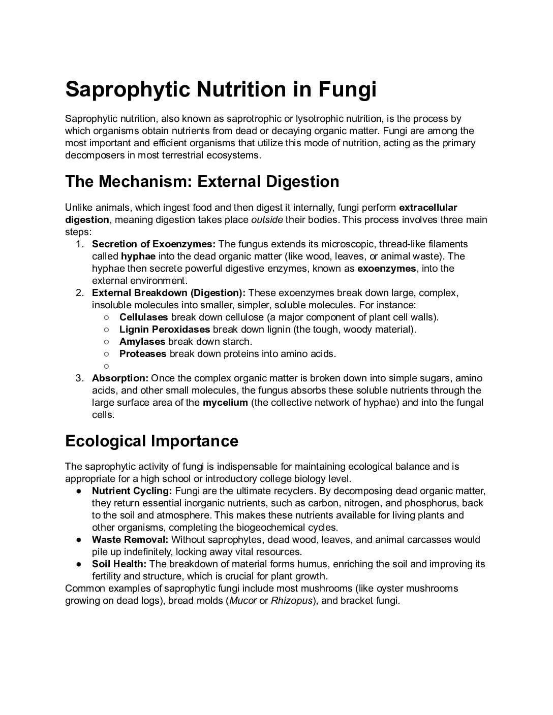 Saprophytic Nutrition in Fungi – Extracellular Digestion and Ecological Importance