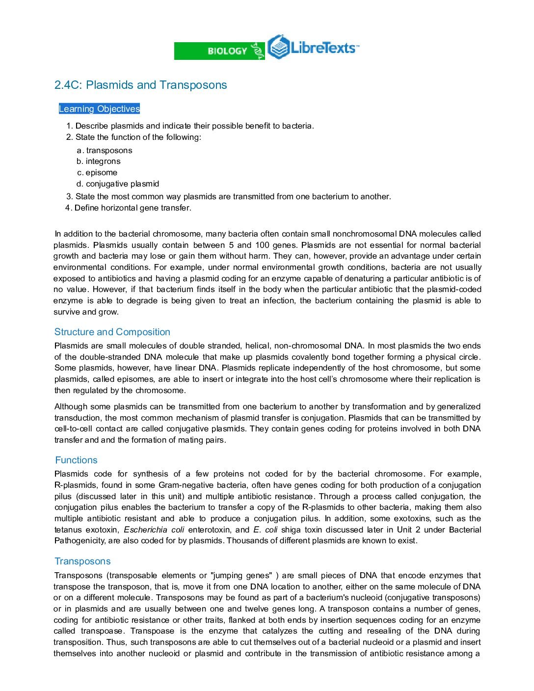 Plasmids and Transposons – Extrachromosomal DNA and Mobile Genetic Elements