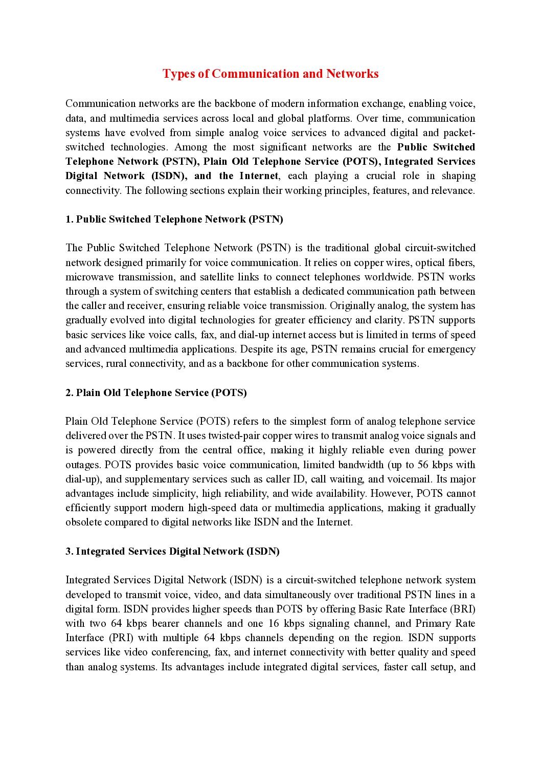 Communication Networks (PSTN, ISDN)
