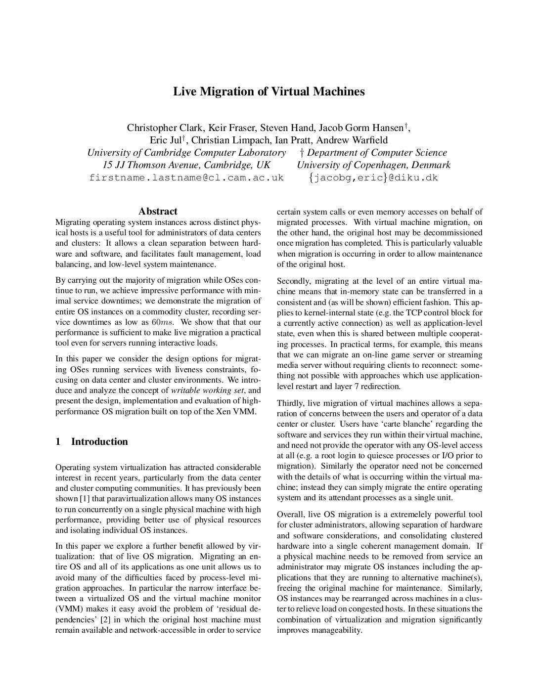 Live Migration of Virtual Machines