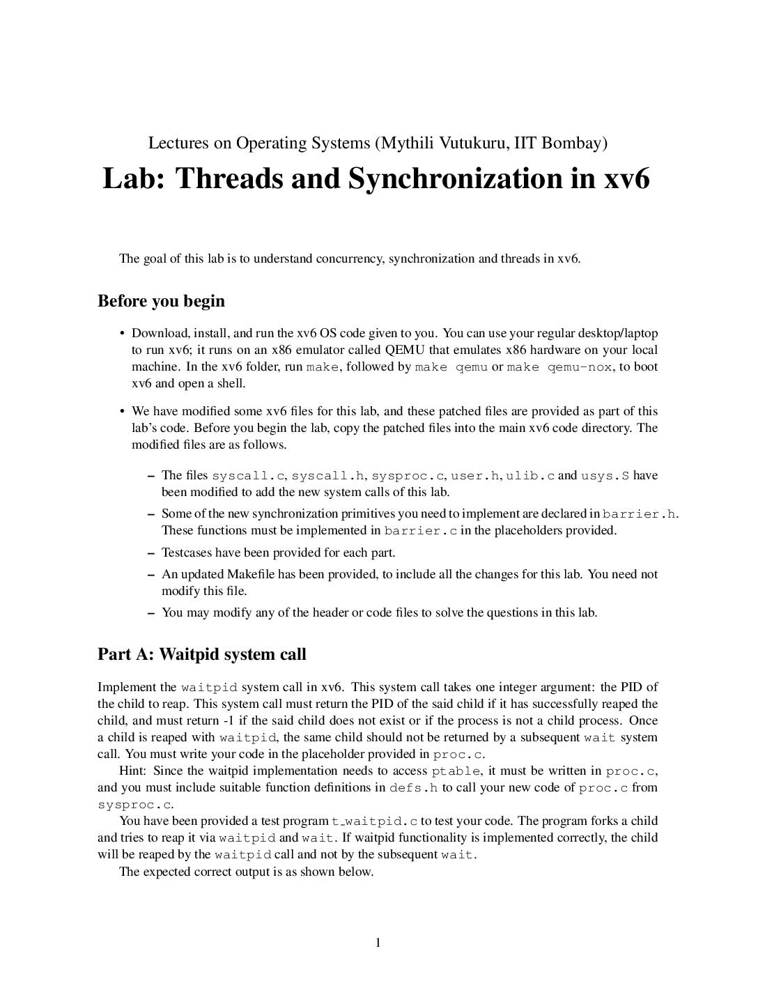 Threading and Synchronization Primitives in XV6