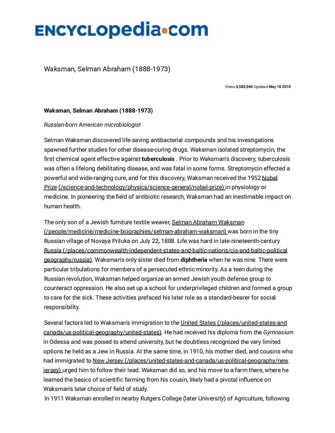 Selman Abraham Waksman (1888-1973) – Pioneer of Antibiotic Research and Streptomycin Discovery