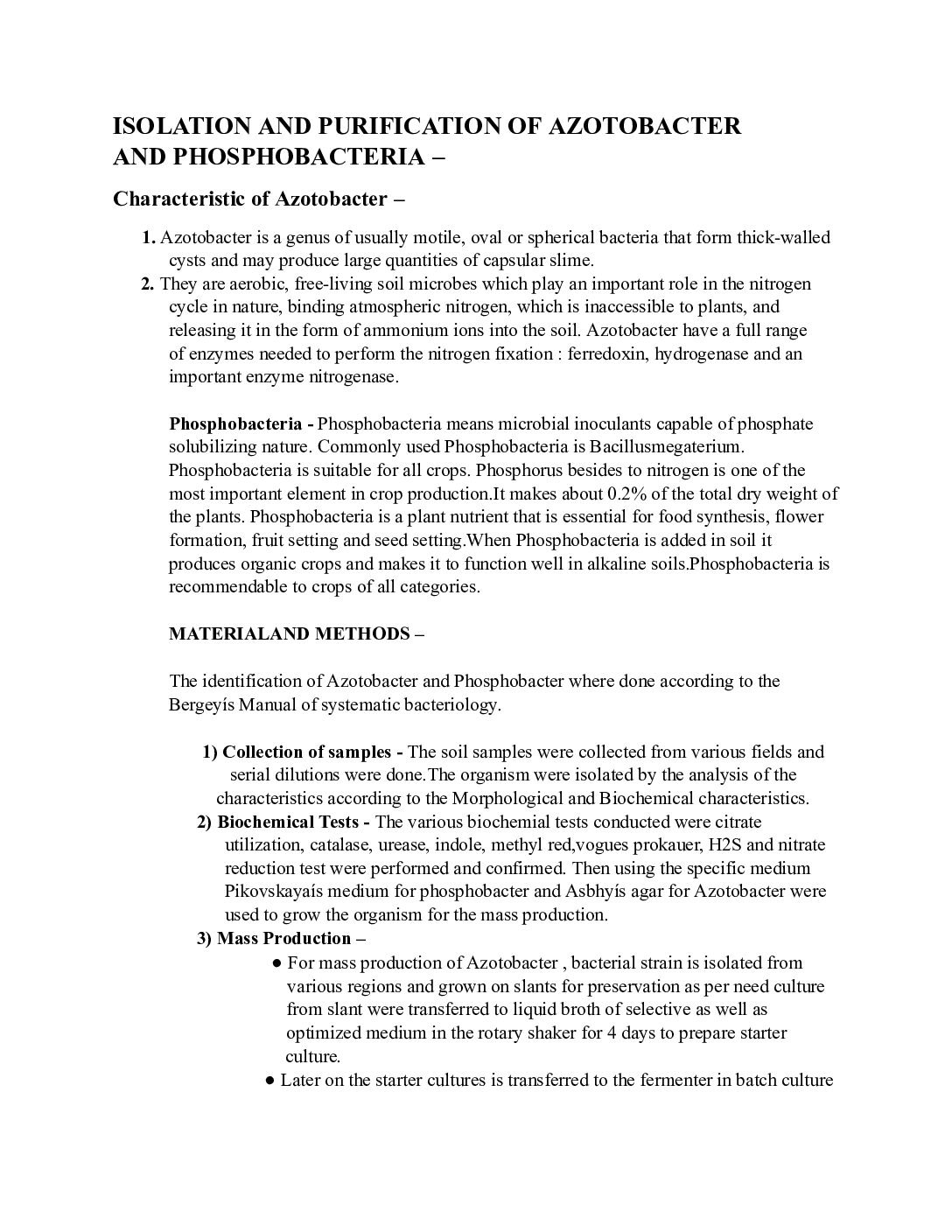 Isolation, Purification, and Mass Production of Azotobacter and Phosphobacteria