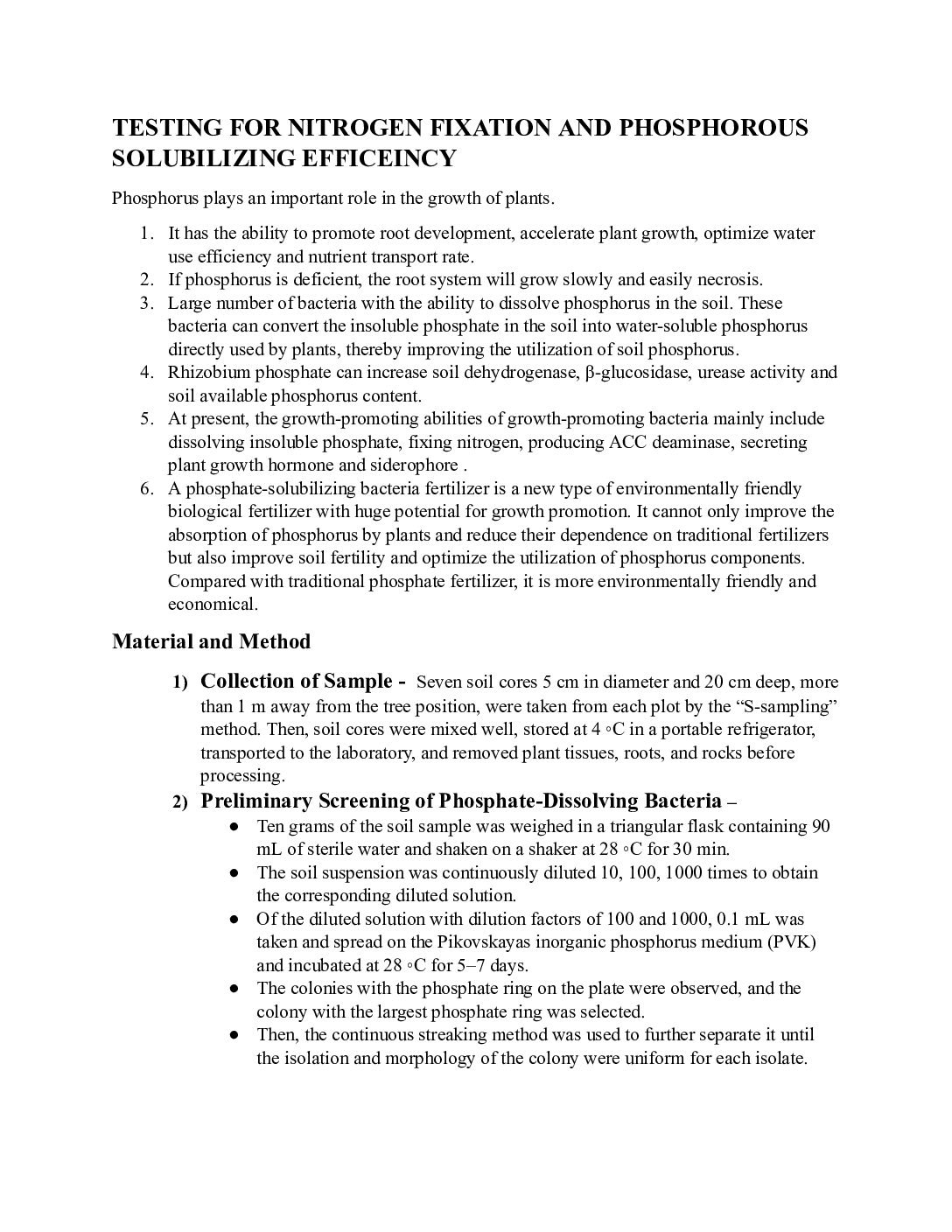 Testing Methods for Nitrogen Fixation and Phosphorous Solubilizing Efficiency