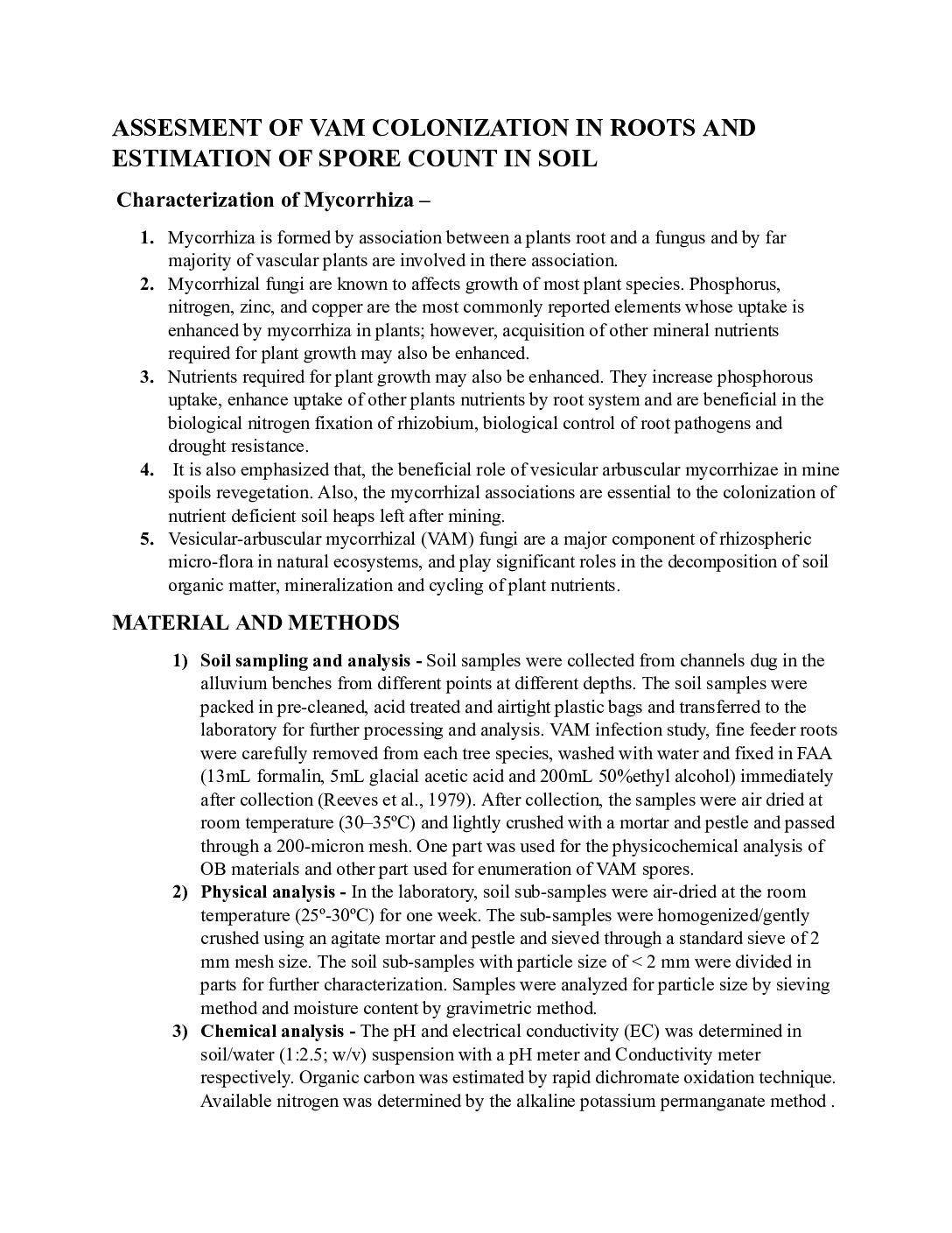 Assessment of VAM Root Colonization and Soil Spore Count Estimation Methods