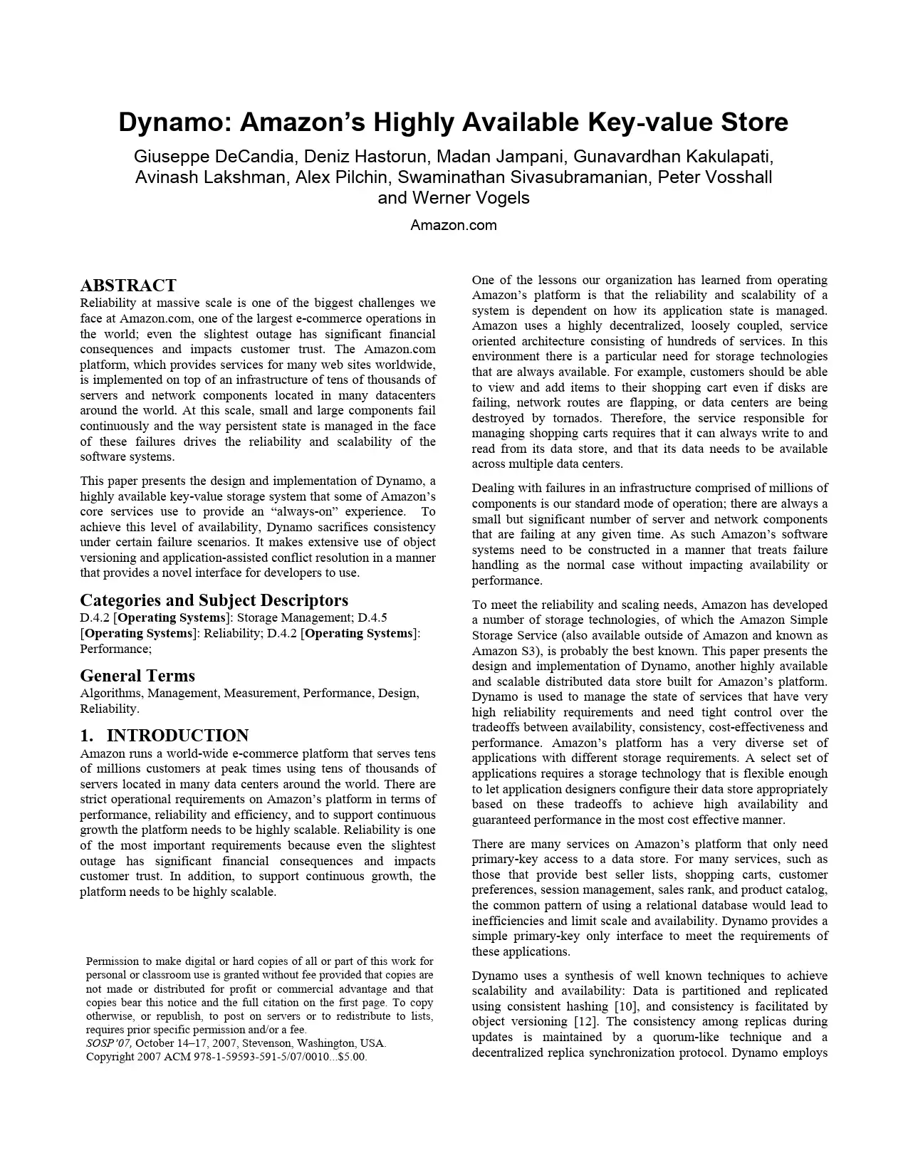 Amazon’s Dynamo – Highly Available Key-Value Store