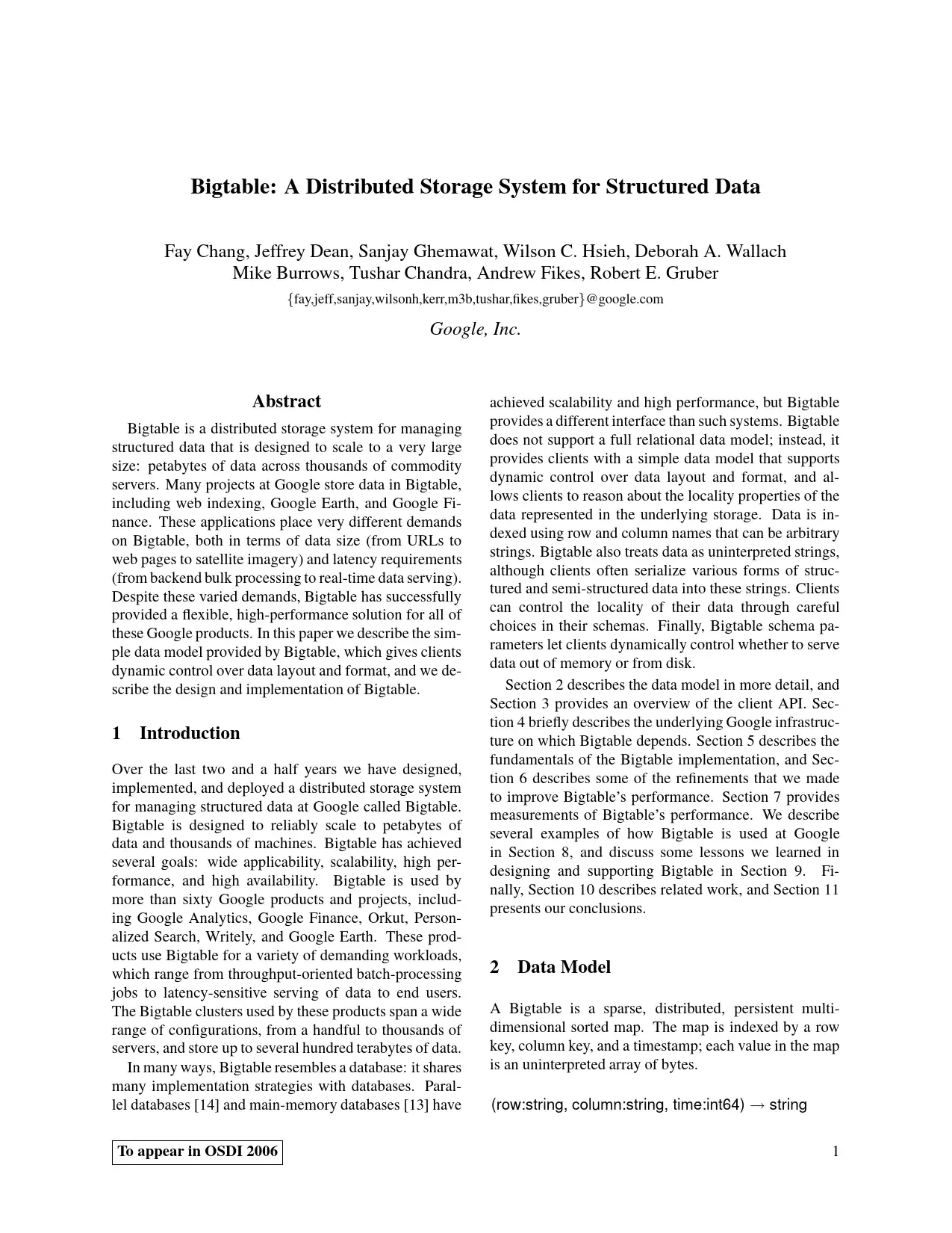 Bigtable Distributed Storage System by Google