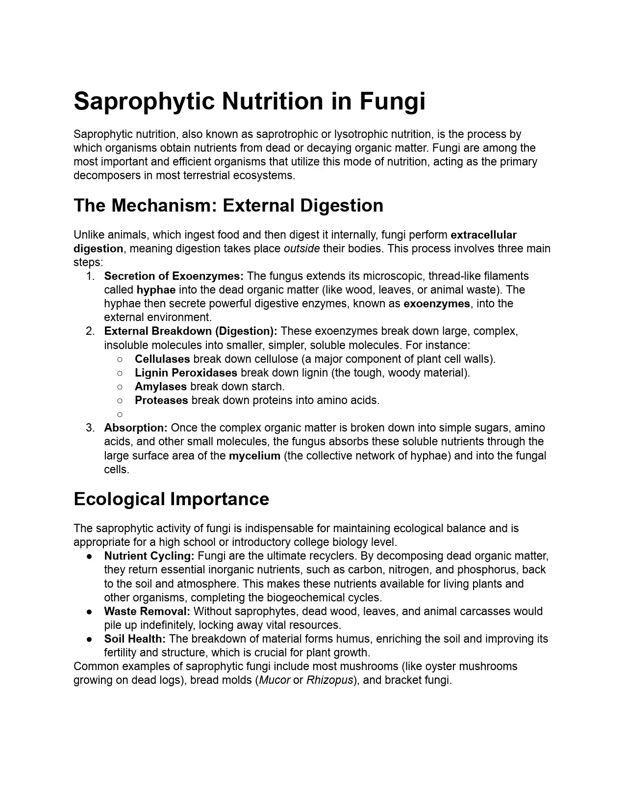 Saprophytic Nutrition in Fungi