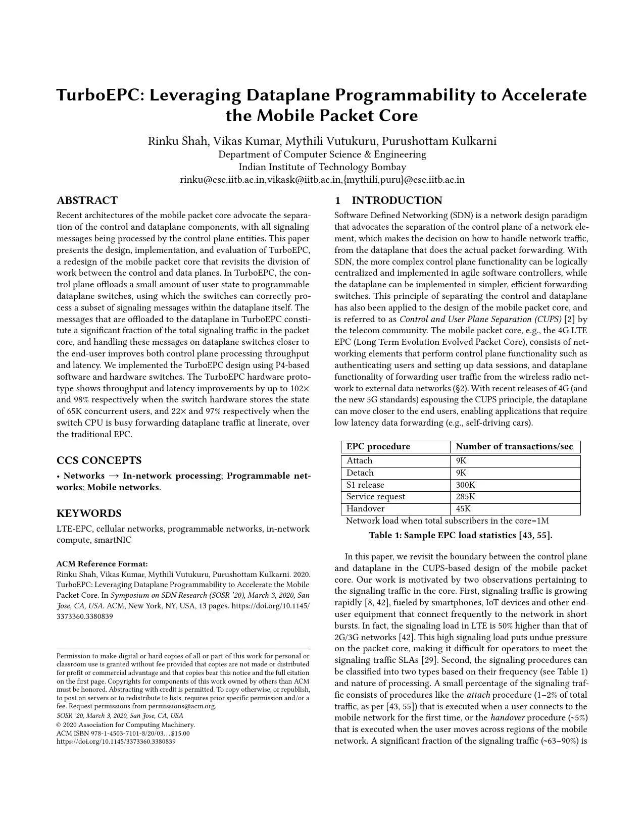 TurboEPC – Accelerating Mobile Packet Core Using Programmable Dataplane