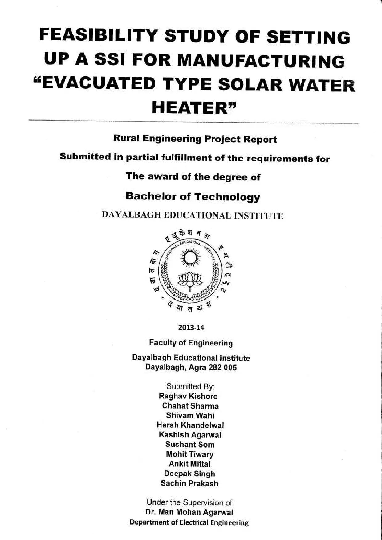 Feasibility Study of Solar Water Heater Manufacturing